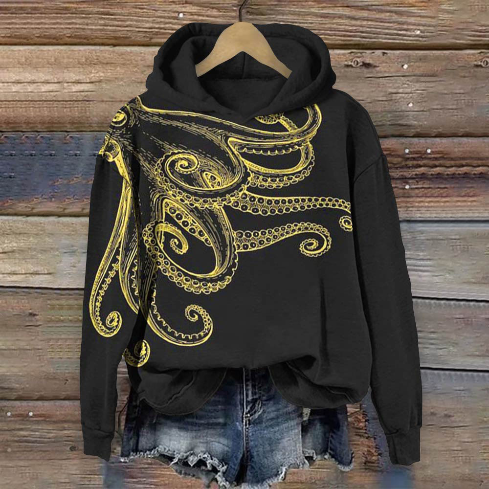 Vintage Octopus Art Print Long Sleeve Hoodie - Black - 8XL - image 1