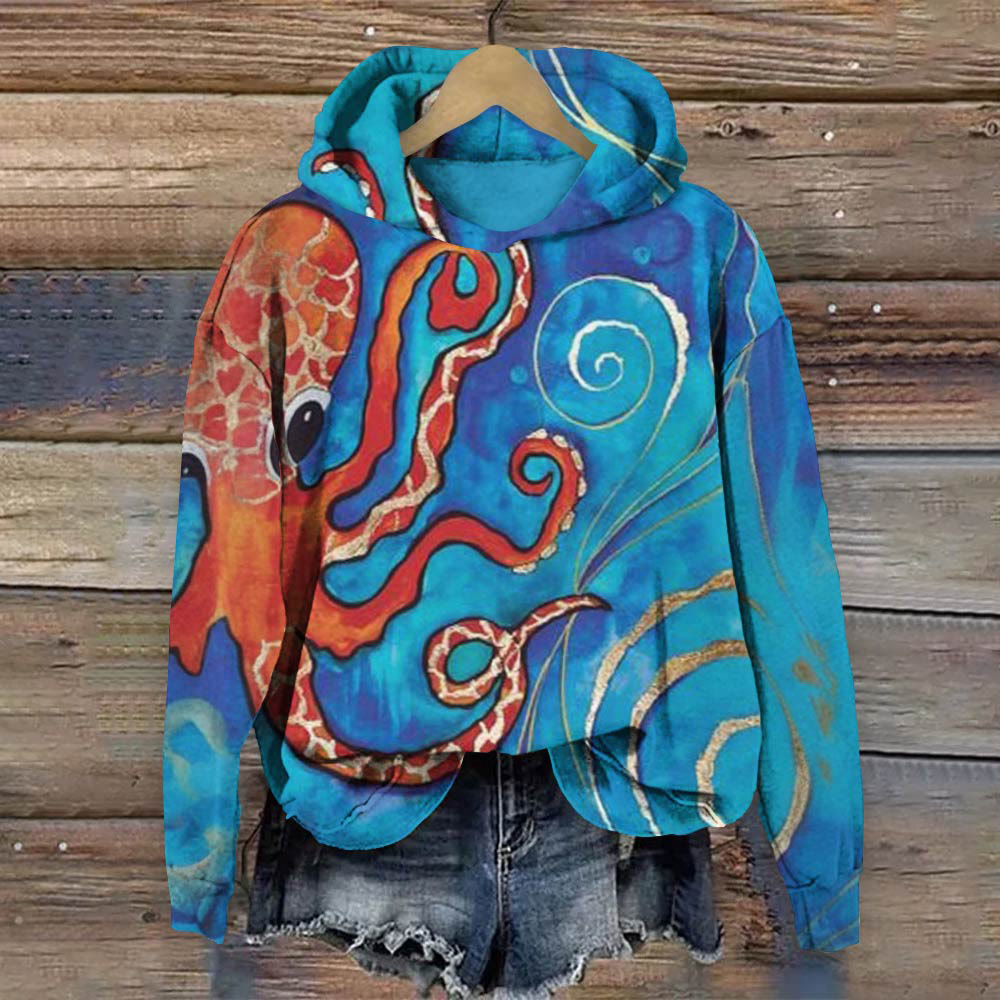 Fun Octopus Art Print Long Sleeve Hoodie - Blue - 8XL - image 1