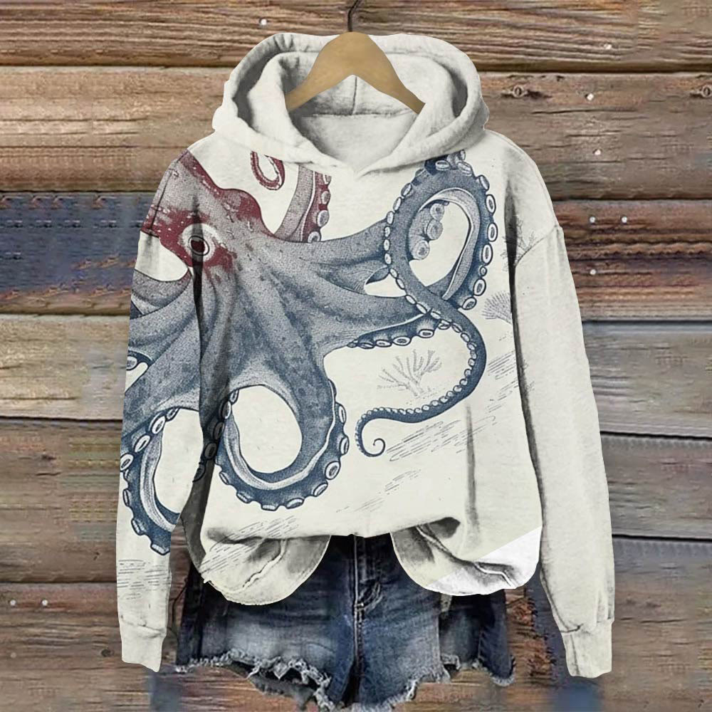 Vintage Japanese Octopus Art Print Long Sleeve Hoodie - White - 8XL - image 1
