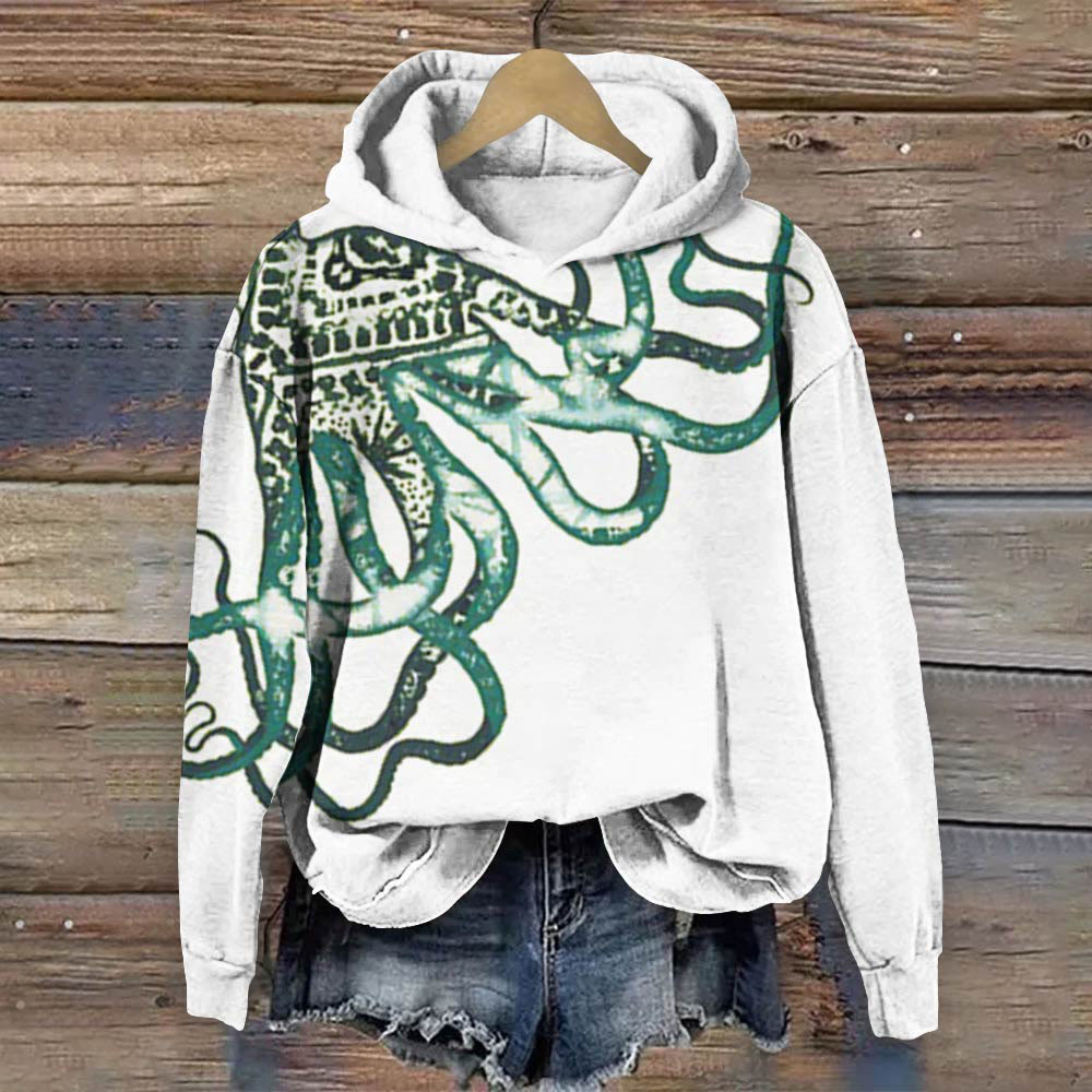 Japanese Octopus Art Print Long Sleeve Hoodie - White - 8XL - image 1