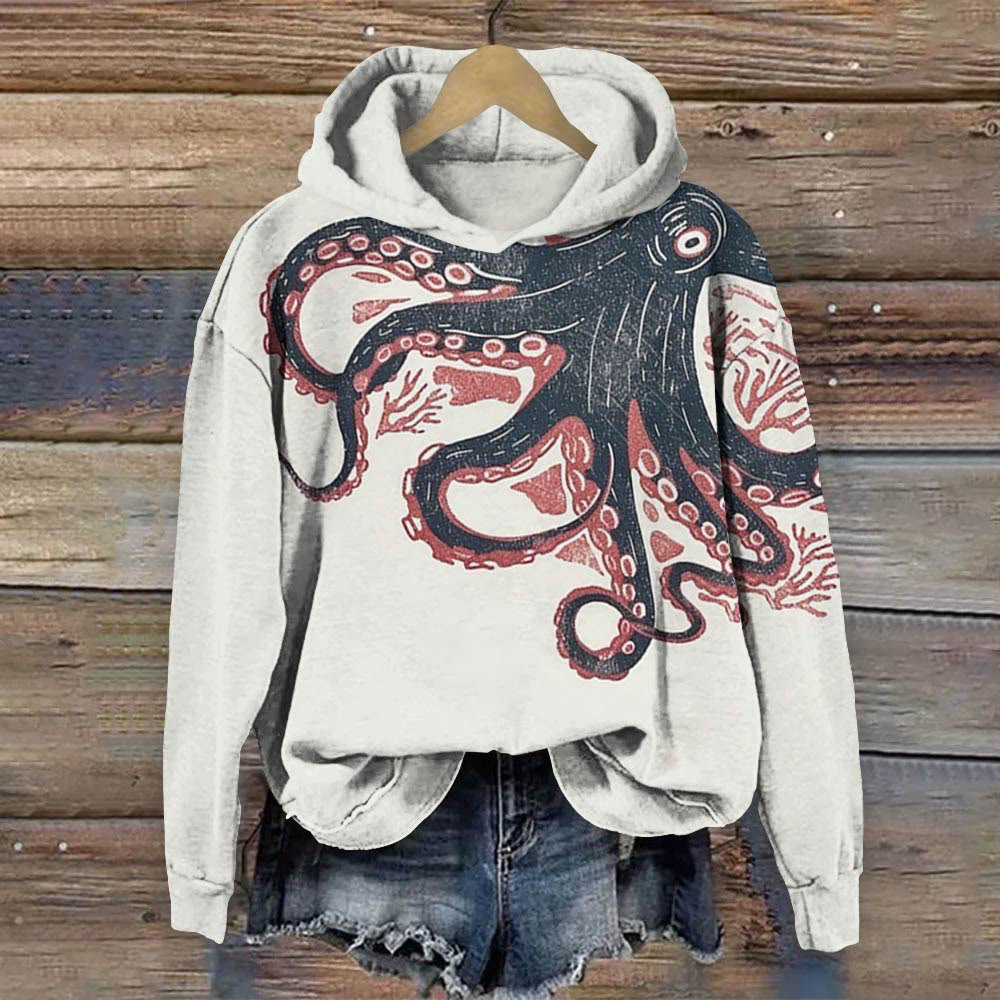 Vintage Japanese Octopus Art Print Long Sleeve Hoodie - White - 8XL - image 1