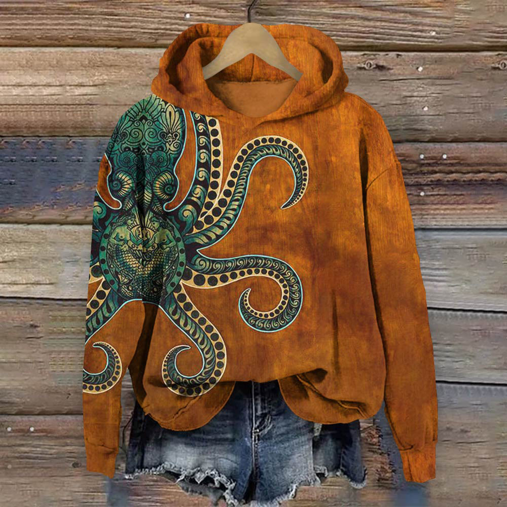 Vintage Japanese Octopus Art Print Long Sleeve Hoodie - Caramel - 8XL - image 1