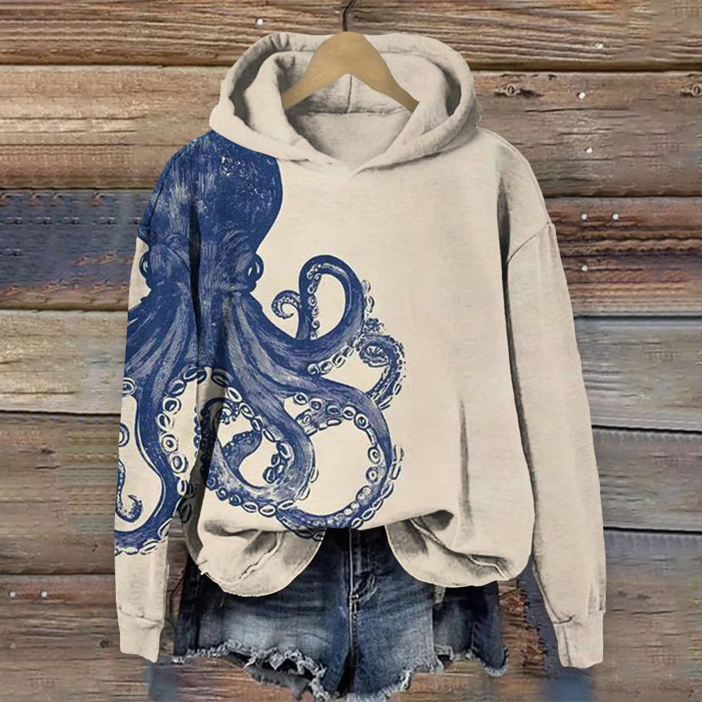Japanese Casual Octopus Art Print Long Sleeve Hoodie - Khaki - 8XL - image 1