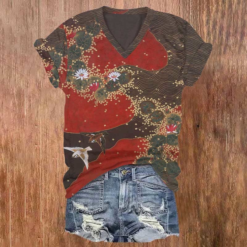 Japanese Floral Wave Art Print T-shirt - Multicolor - 5XL - image 1