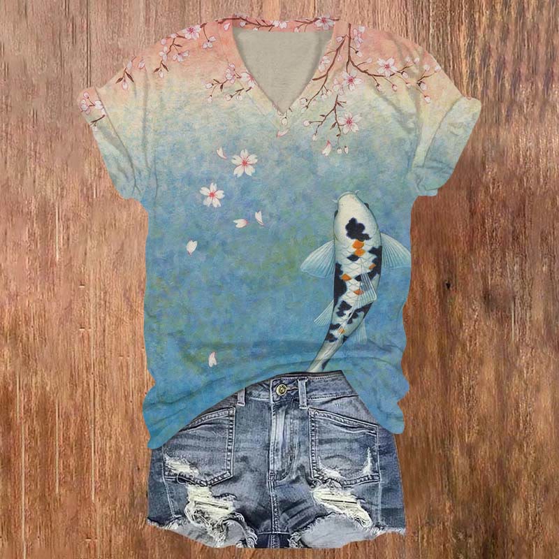 Japanese Koi Flower Art Print T-shirt - Blue - 5XL - image 1