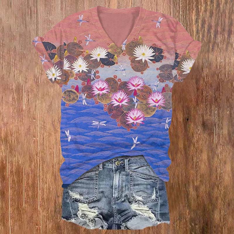 Japanese Wave Flowers Art Print T-shirt - Multicolor - 5XL - image 1