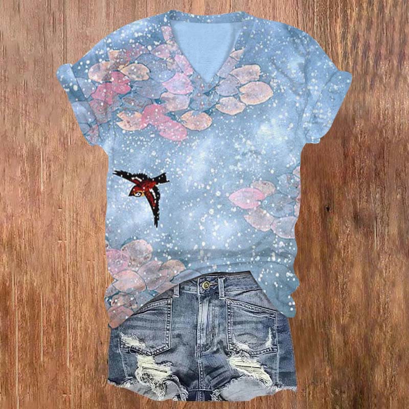 Flower And Bird Art Print T-shirt - Blue - 5XL - image 1