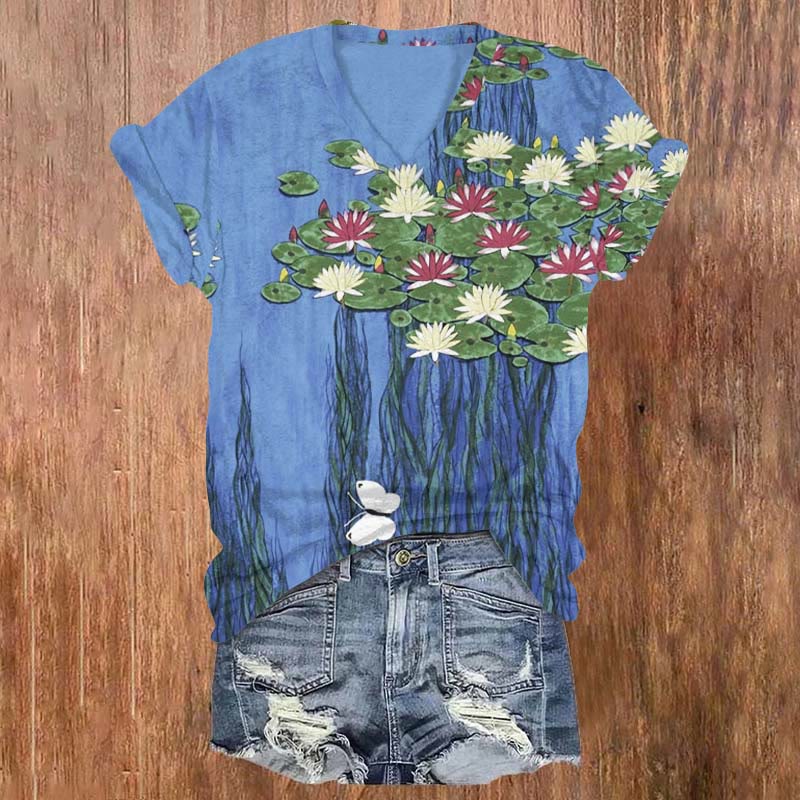 Japanese Floral Art Print T-shirt - Blue - 5XL - image 1