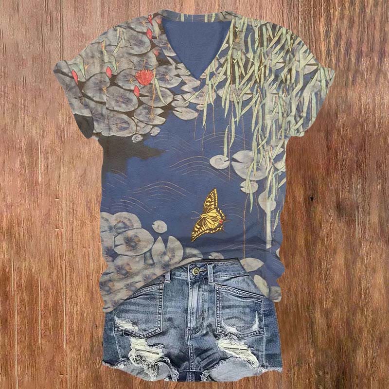 Japanese Lotus Pond Butterfly Art Print T-shirt - Blue - 5XL - image 1
