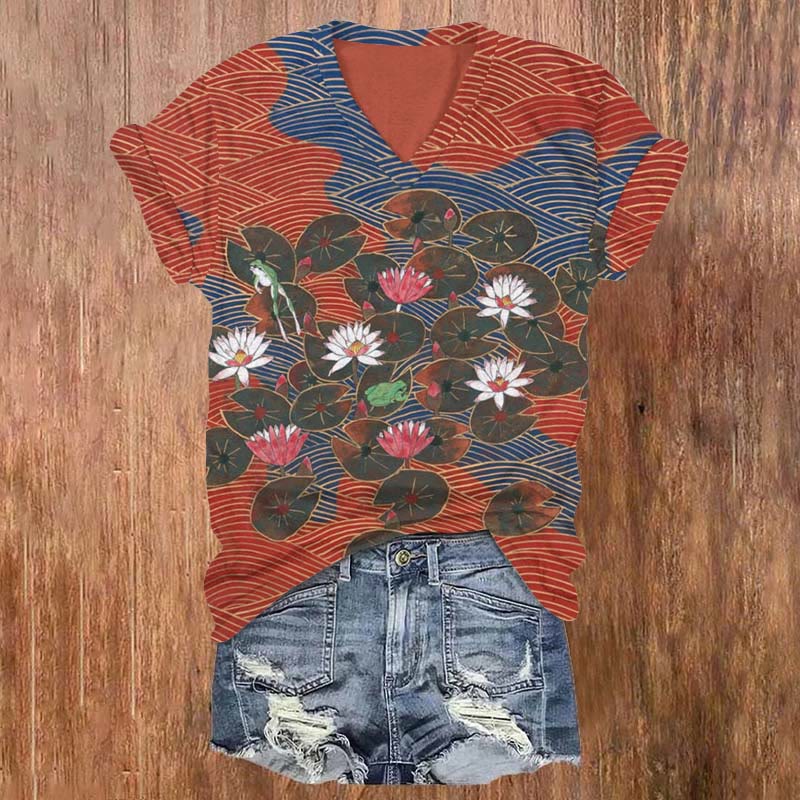 Japanese Lotus Frog Art Print T-shirt - Multicolor - 5XL - image 1