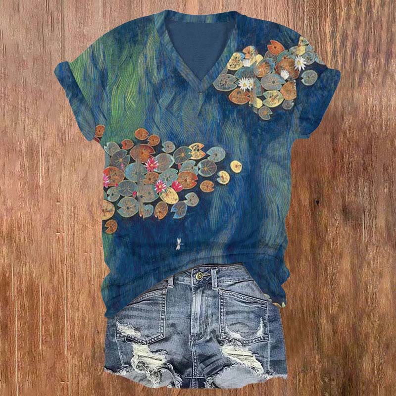 Vintage Lotus Art Print T-shirt - Blue - 5XL - image 1