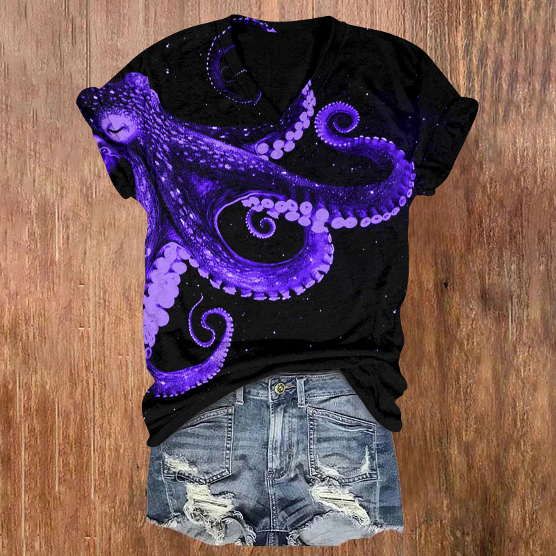 Three-dimensional Creative Octopus Print V-neck T-shirt - Purple - 5XL - image 2