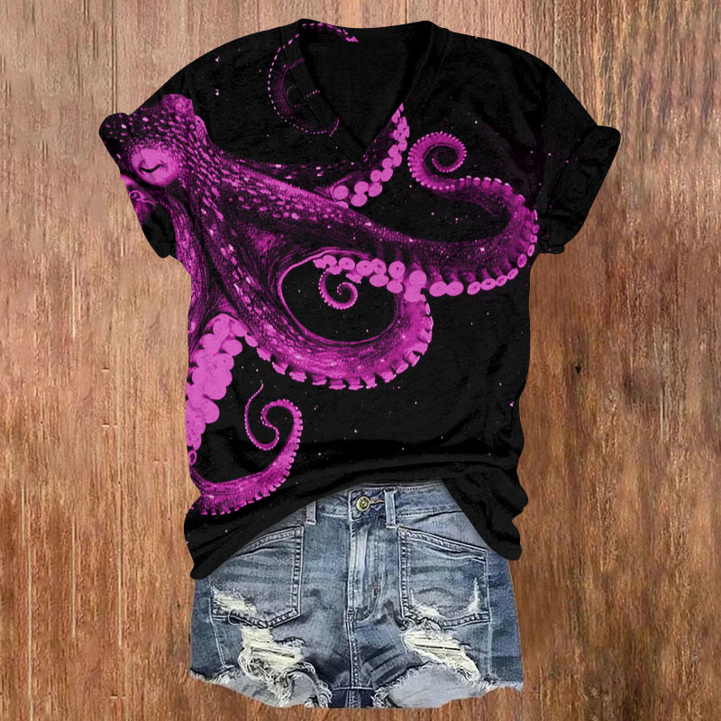 Three-dimensional Creative Octopus Print V-neck T-shirt - Rose - 5XL - image 3