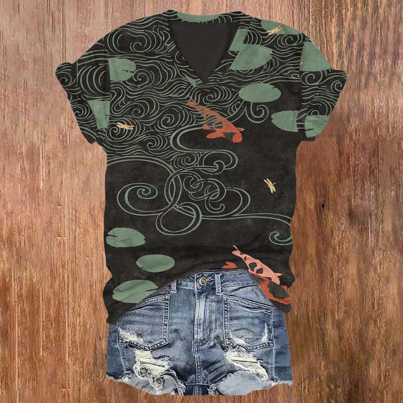Retro Koi Art Print T-shirt - Black - 5XL - image 1