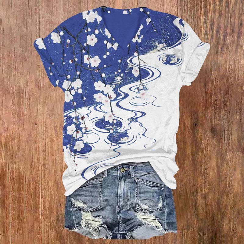 Casual Floral Art Print T-shirt - Blue - 5XL - image 1