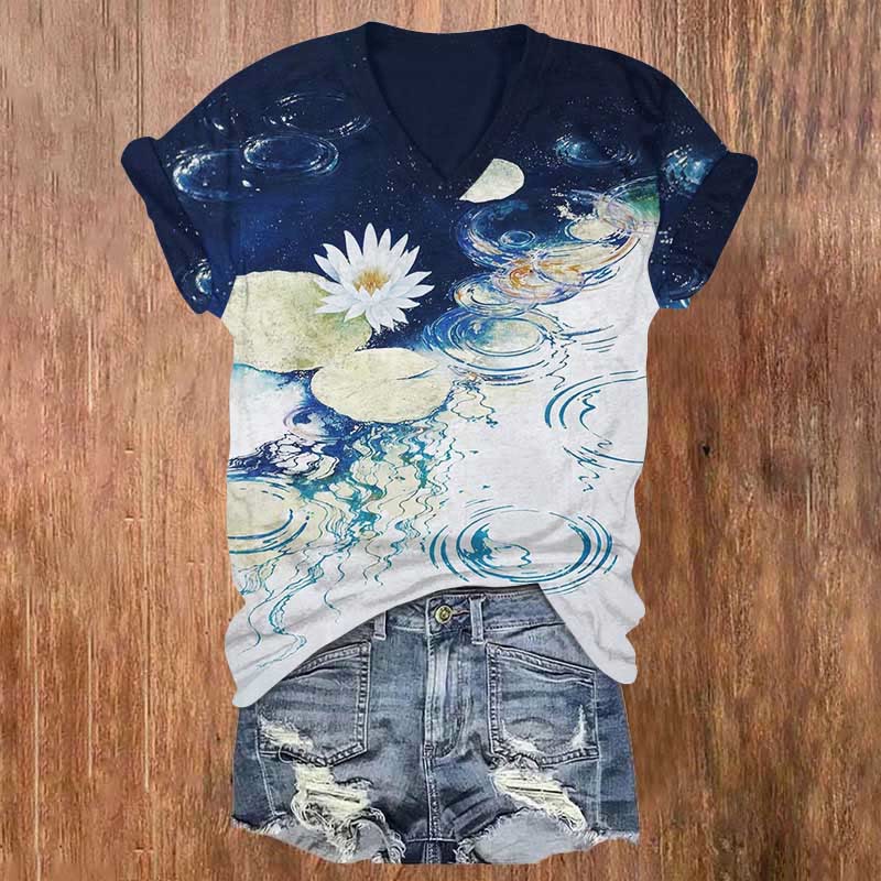 Lotus Oil Painting Art Print T-shirt - Blue - 5XL - image 1