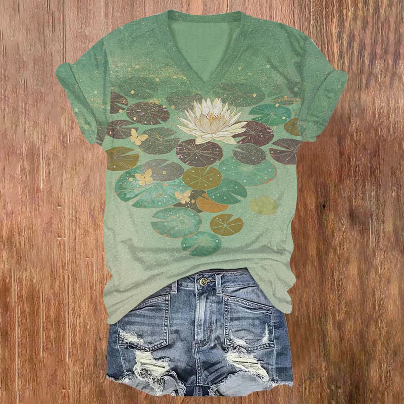 Retro Lotus Leaf Art Print T-shirt - Green - 5XL - image 1