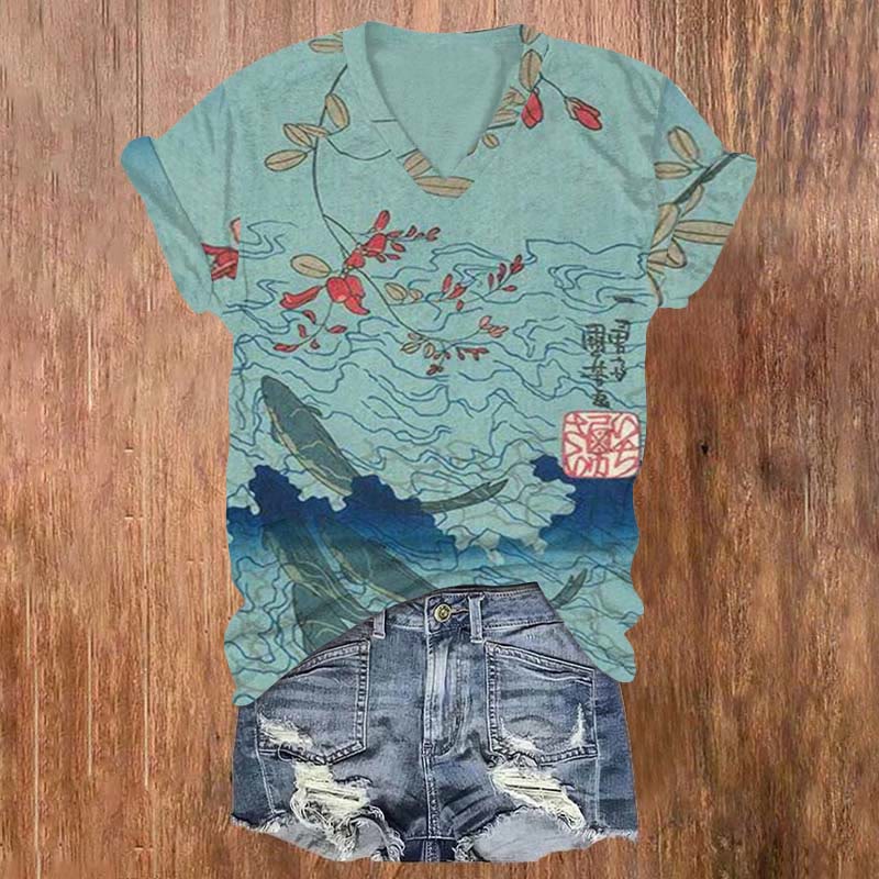Japanese Flower And Fish Art Print T-shirt - Light Blue - 5XL - image 1