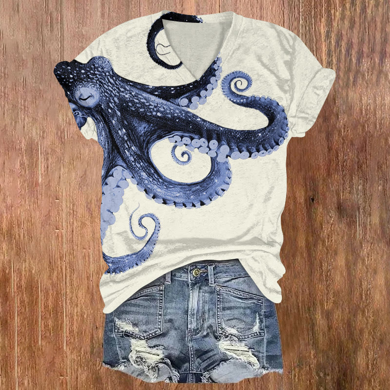Japanese Octopus Art Print T-shirt - Apricot - 5XL - image 1