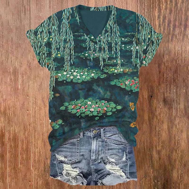 Retro Lotus Pond Scenery Art Print T-shirt - Dark Green - 5XL - image 1