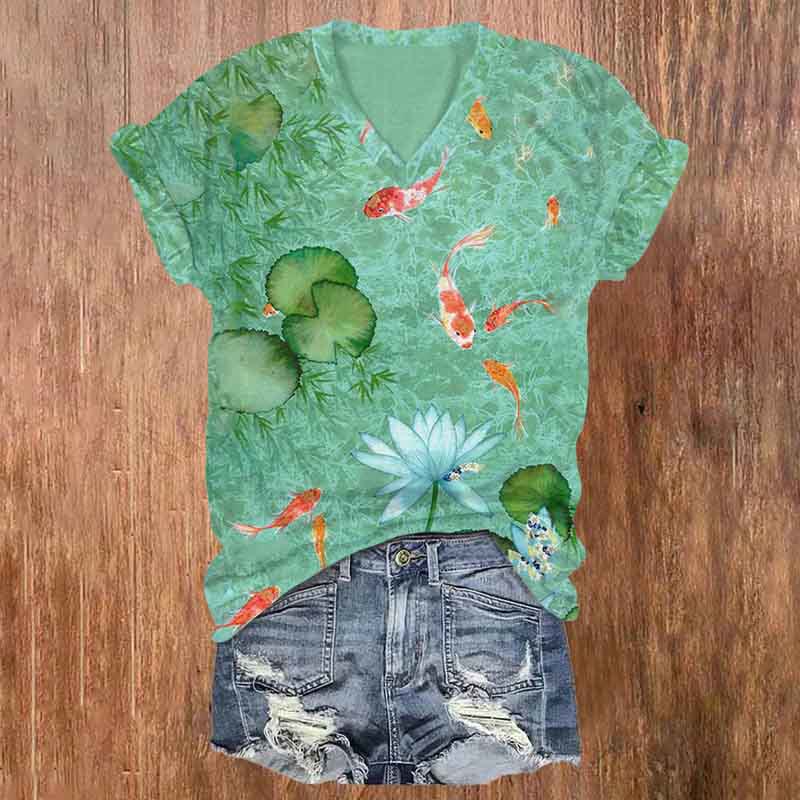 Japanese Koi Art Print T-shirt - Green - 5XL - image 1