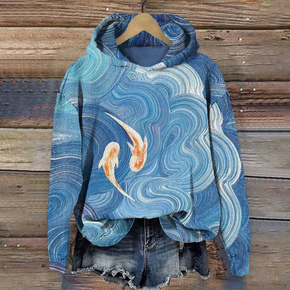 Ocean And Fish Art Print Long Sleeve Hoodie - Blue - 8XL - image 1