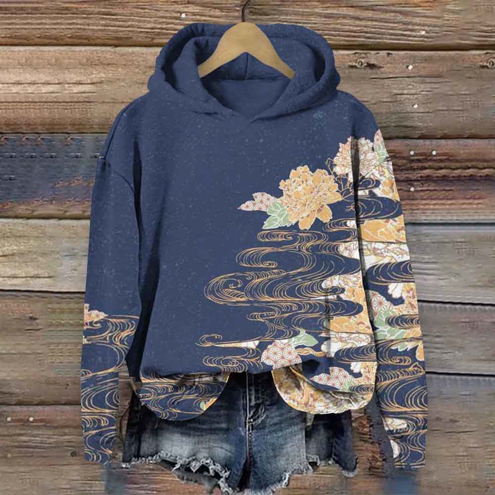 Japanese Flowers Art Print Long Sleeve Hoodie - Navy Blue - 8XL - image 1