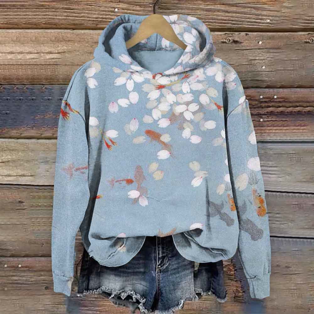 Japanese Floral Goldfish Art Print Long Sleeve Hoodie - Light Blue - 8XL - image 1