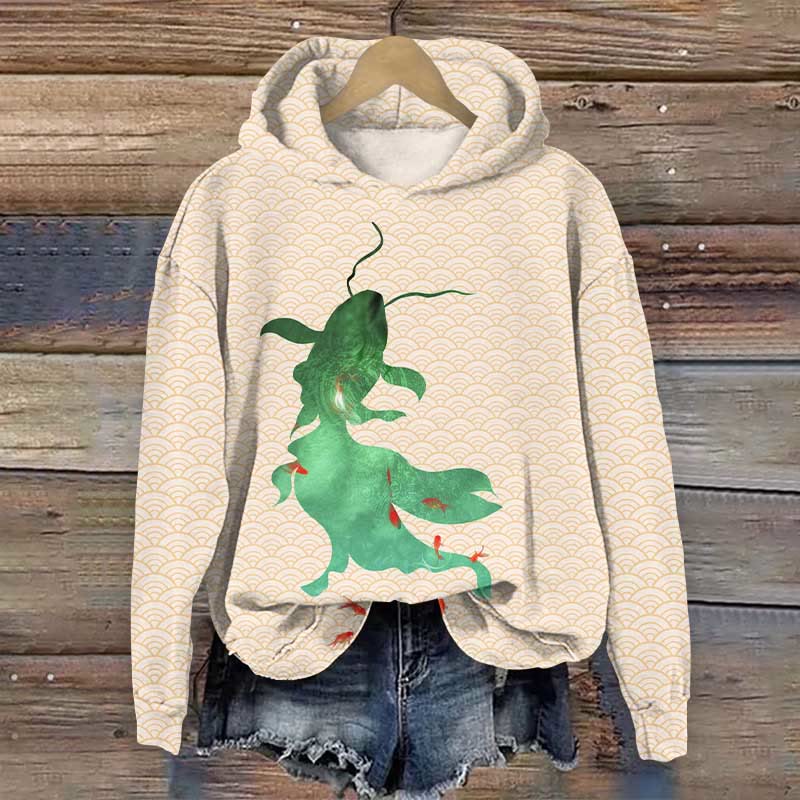 Japanese Retro Goldfish Art Print Long Sleeve Hoodie - Apricot - 8XL - image 1