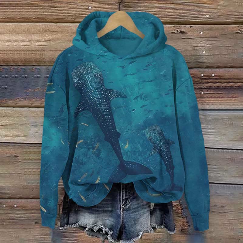 Japanese Ocean Whale Shark Art Print Long Sleeve Hoodie - Blue - 8XL - image 1