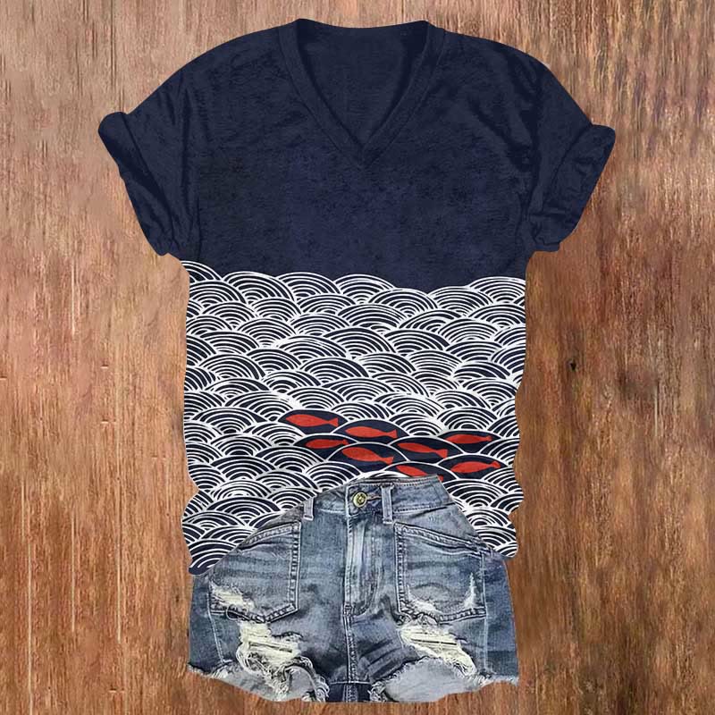 Japanese Red Fish Waves Art Print T-shirt - Dark Blue - 5XL - image 1