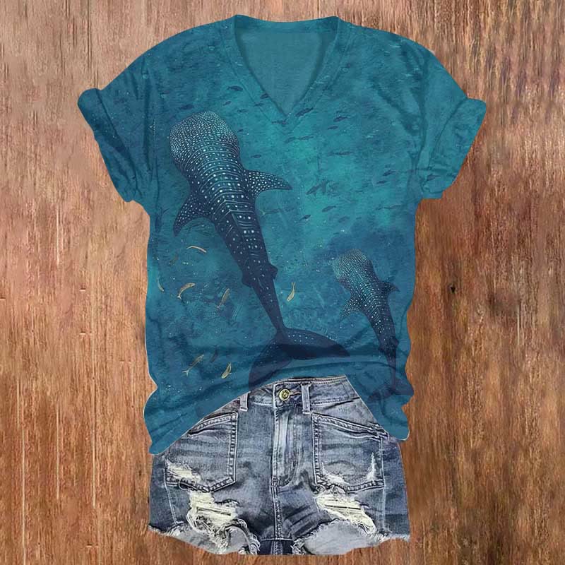Japanese Ocean Whale Shark Art Print T-shirt - Blue - 5XL - image 1
