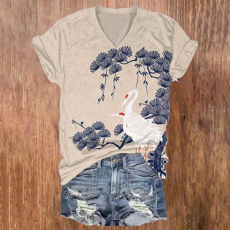 Japanese Retro White Crane Art Print T-shirt - Khaki - 5XL - image 1