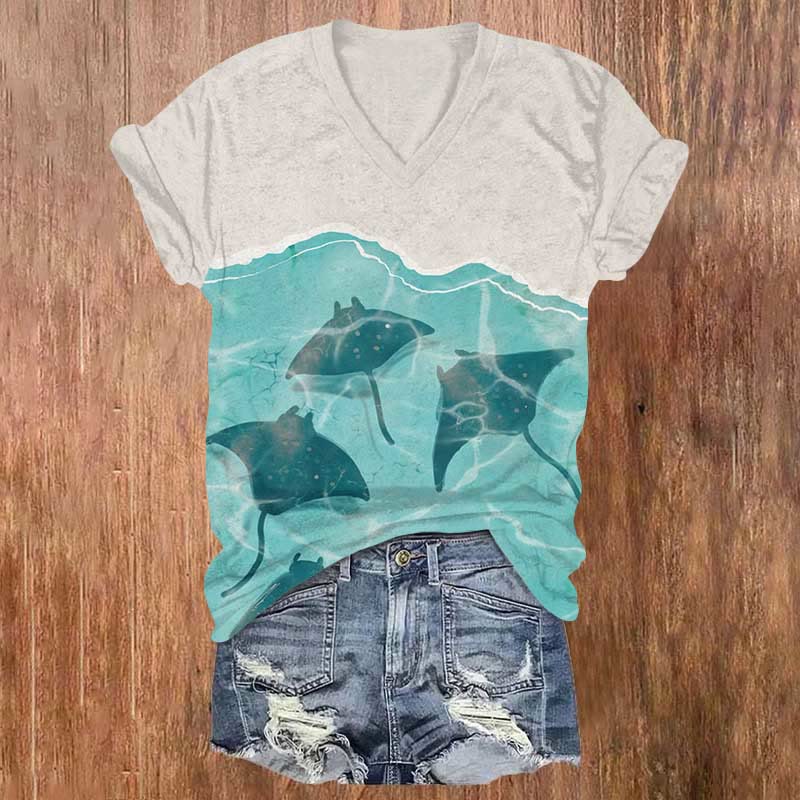 Japanese Manta Ray Ocean Art Print T-shirt - Green - 5XL - image 1