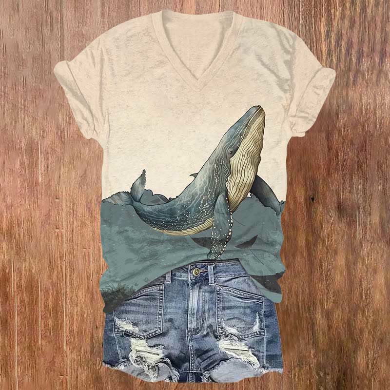 Japanese Majestic Whale Art Print T-shirt - Apricot - 5XL - image 1