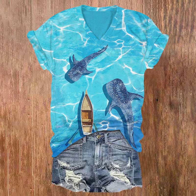 Japanese Whale Shark Adventure Art Print T-shirt - Sky Blue - 5XL - image 1