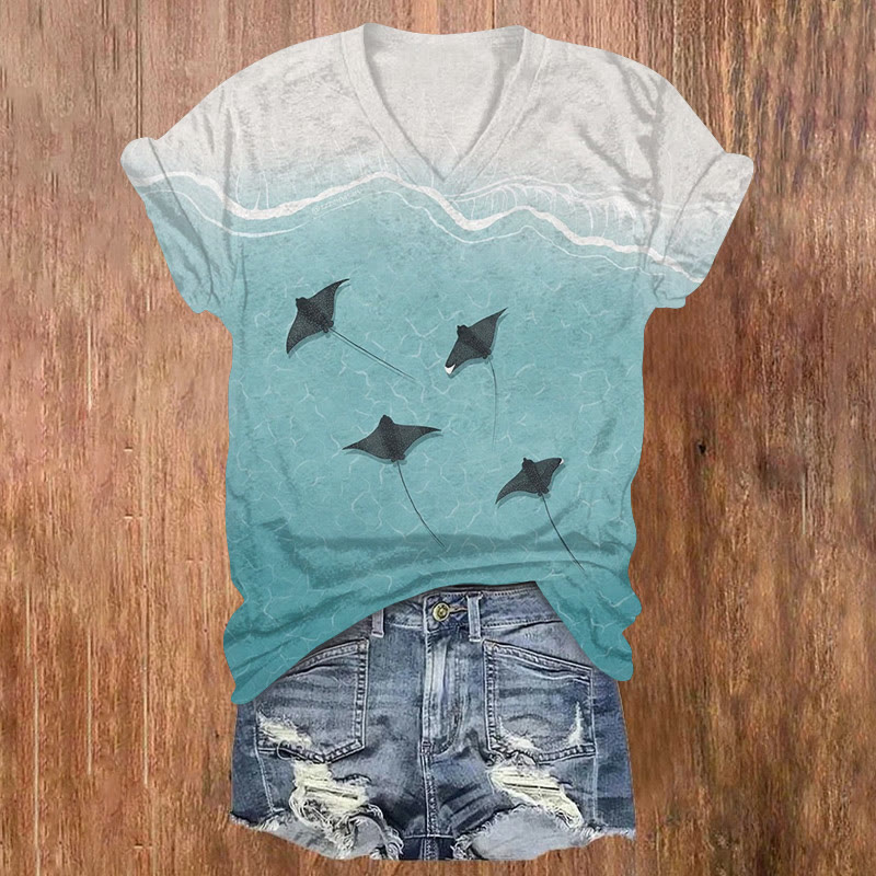 Seaside Ray Print V-neck T-shirt - Mint - 5XL - image 1