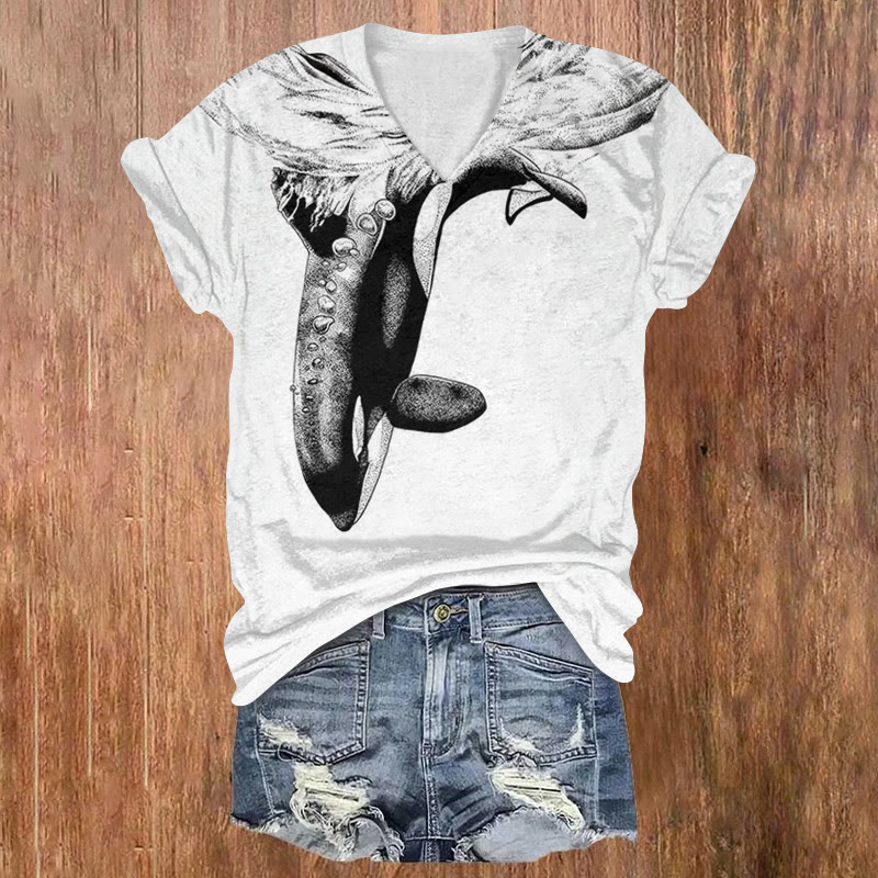 Leaping Killer Whale Print V-neck T-shirt - White - 5XL - image 1