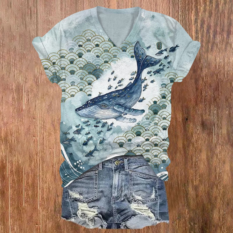 Japanese Style Whale In The Waves Print V-neck T-shirt - Blue - 5XL - image 1