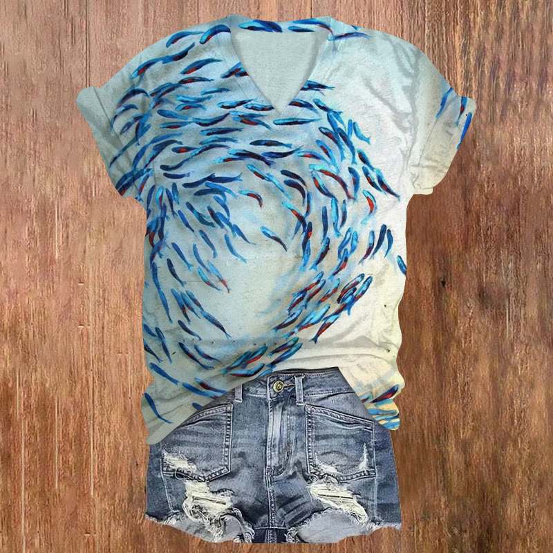 Watercolor Fish Print V-neck T-shirt - Blue - 5XL - image 1