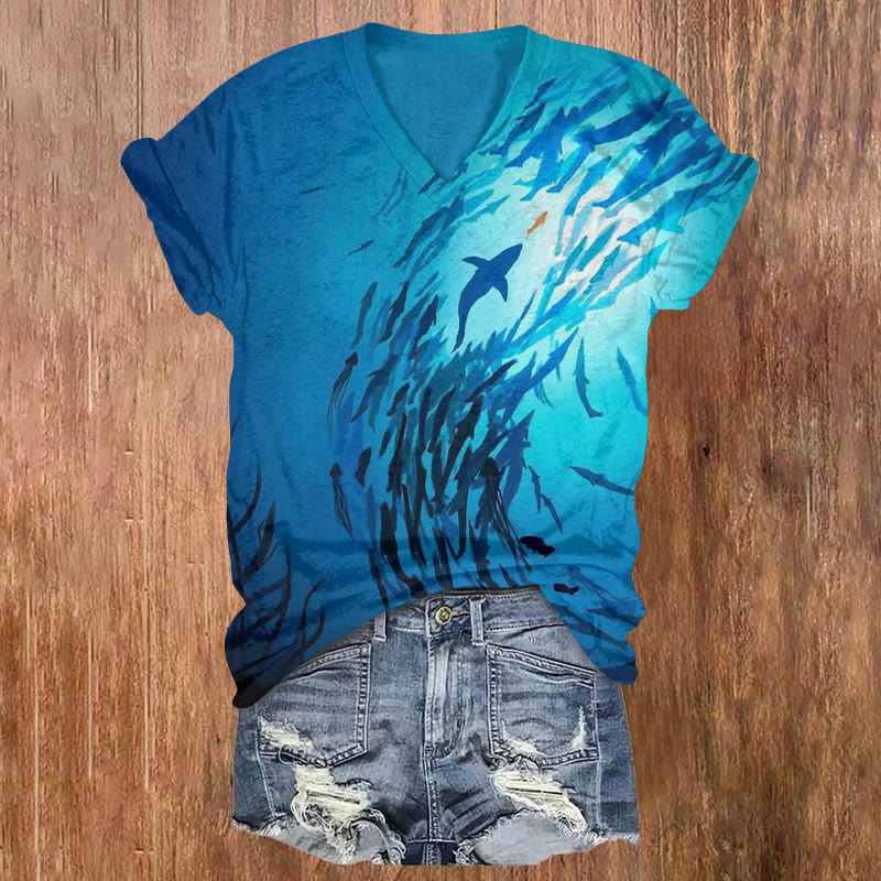 Hunting Shark Watercolor Print V-neck T-shirt - Blue - 5XL - image 1