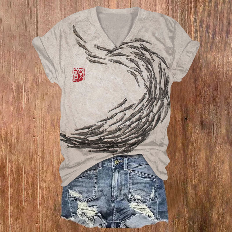 Japanese Vintage Fish Print V-neck T-shirt - Khaki - 5XL - image 1