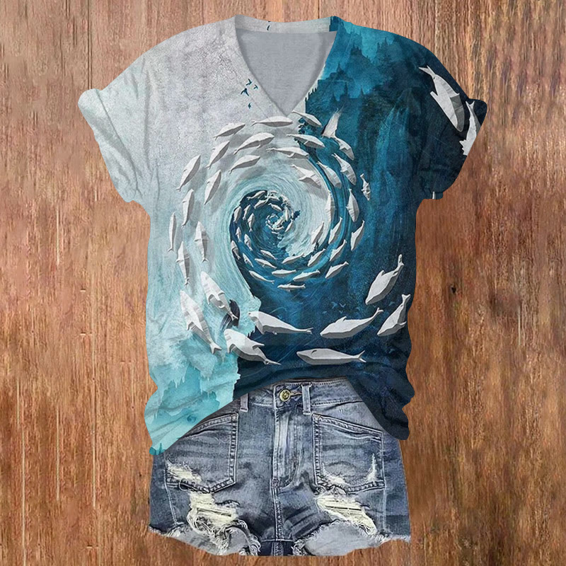 Swirling Fish Oil Painting Print V-neck T-shirt - Blue - 5XL - image 1