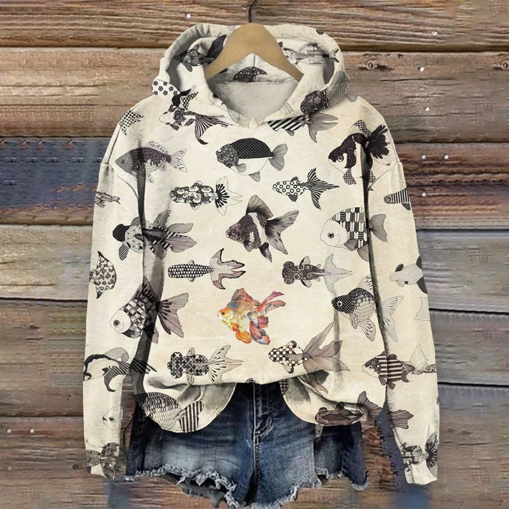 Japanese Retro Contrasting Goldfish Print Long Sleeve Hoodie - Beige - 8XL - image 1