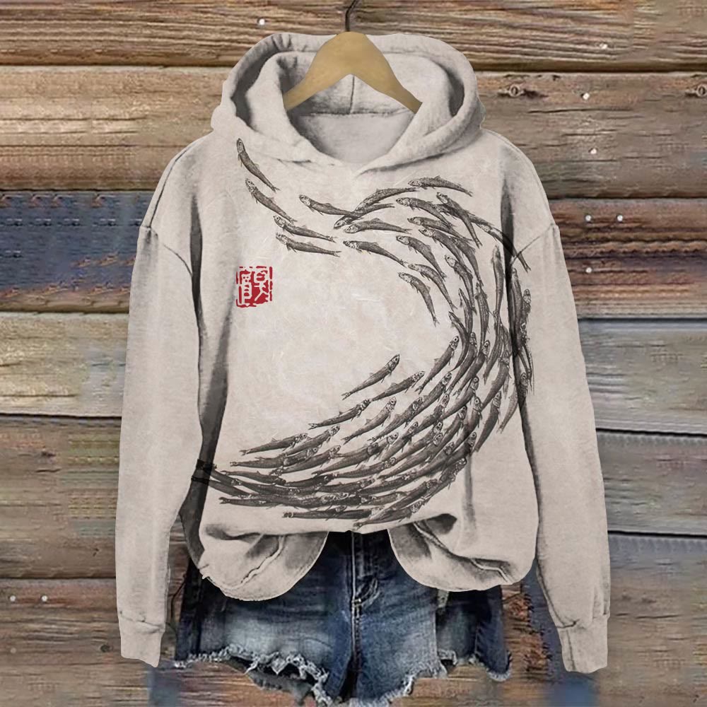 Japanese Vintage Fish Print Long Sleeve Hoodie - Khaki - 8XL - image 1