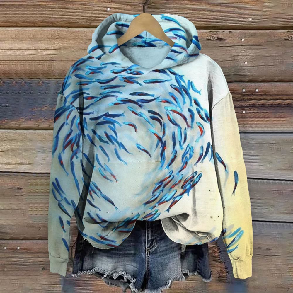 Watercolor Fish Print Long Sleeve Hoodie - Blue - 8XL - image 1