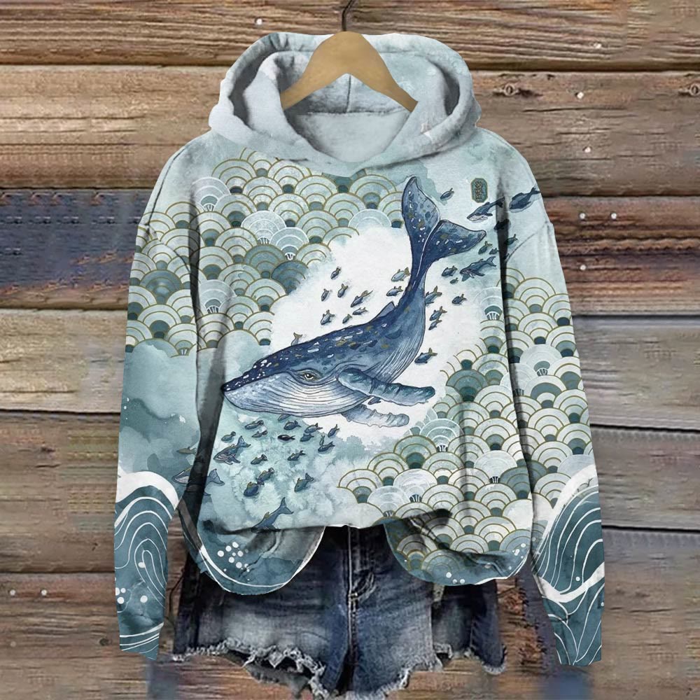 Japanese Style Whale In The Waves Print Long Sleeve Hoodie - Blue - 8XL - image 1