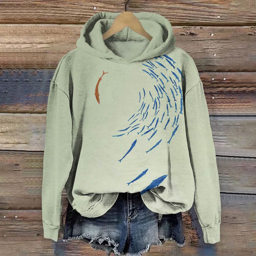 Contrasting Colors Chasing Fish Print Long Sleeve Hoodie - Green - 8XL - image 1