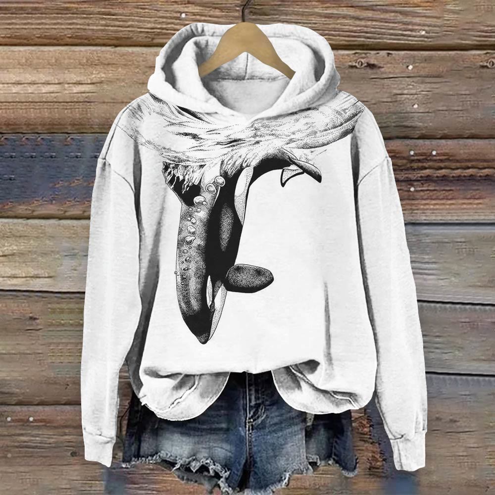 Leaping Killer Whale Print Long Sleeve Hoodie - White - 8XL - image 1