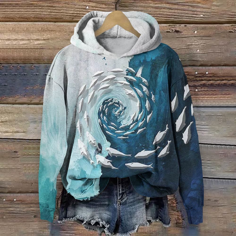 Swirling Fish Oil Painting Print Long Sleeve Hoodie - Blue - 8XL - image 1